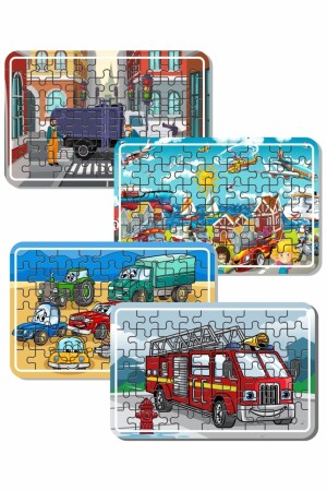 Puz1708 Müllwagen, Feuerwehrauto und Fahrzeuge, 54-teiliges 4-teiliges Holzpuzzle-Set - 1