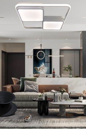 Quadratischer weißer LED-Kronleuchter, 3-farbig beleuchteter moderner Deckenleuchter mit Ferndimmer, Wohnzimmer-Kronleuchter 1004 - 3