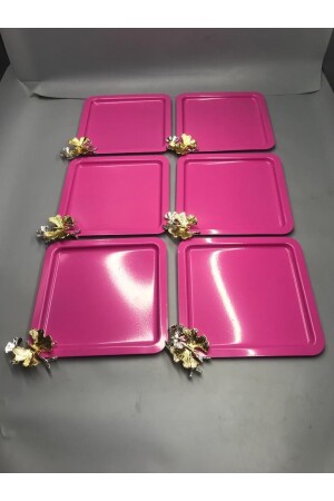 Quadratisches 6-teiliges rosafarbenes Kaffee-, Tee- und dekoratives Präsentations-Serviertablett aus Edelstahl mit luxuriösem Schmetterlingszubehör MZKBK666 - 2