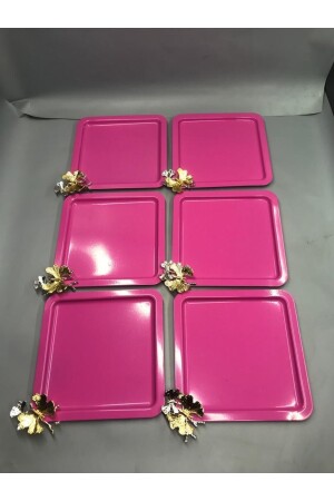Quadratisches 6-teiliges rosafarbenes Kaffee-, Tee- und dekoratives Präsentations-Serviertablett aus Edelstahl mit luxuriösem Schmetterlingszubehör MZKBK666 - 3