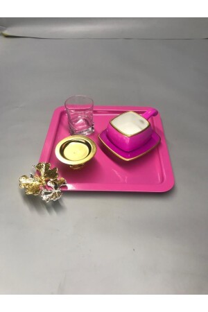 Quadratisches 6-teiliges rosafarbenes Kaffee-, Tee- und dekoratives Präsentations-Serviertablett aus Edelstahl mit luxuriösem Schmetterlingszubehör MZKBK666 - 4