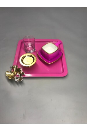 Quadratisches 6-teiliges rosafarbenes Kaffee-, Tee- und dekoratives Präsentations-Serviertablett aus Edelstahl mit luxuriösem Schmetterlingszubehör MZKBK666 - 5