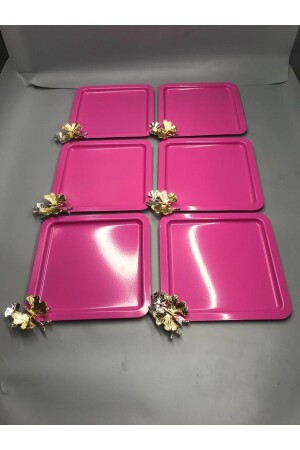 Quadratisches 6-teiliges rosafarbenes Kaffee-, Tee- und dekoratives Präsentations-Serviertablett aus Edelstahl mit luxuriösem Schmetterlingszubehör MZKBK666 - 1