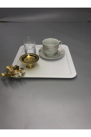 Quadratisches 6-teiliges weißes Serviertablett aus Edelstahl für Kaffee, Tee und dekorative Präsentation mit luxuriösem Schmetterlingszubehör MZKBK666 - 6