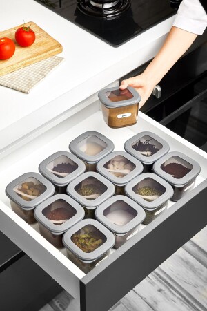 Quadratisches Frischhaltedosen-Set mit Etikett und Löffel, 12 Stück, 0,55, kleine Größe, Anthrazit, 12LI-055-2ab - 8