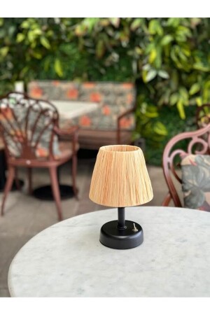 Rafya & Hasır Masa Üstü Led Kablosuz Pilli Abajur Alt Siyah Üst Saçaksız - Maison Avf