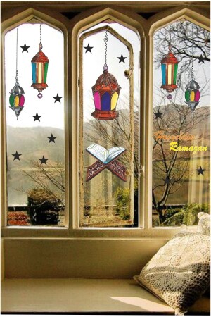 Ramadan-Motto, bunte Laternen, Sterne, Willkommensschild, Wand-, Glas-, Fenster- und Türdekoration, Aufkleber, 110 x 50 cm - 1