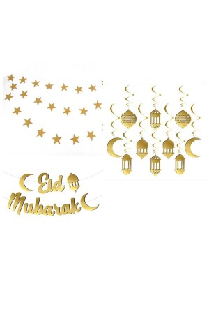 Ramadan-Ornament-Sets, Set mit 3 4 m langen Sternen und Eid Mubarak-Text und 10 Stück 3D-Schleifenornament - 1