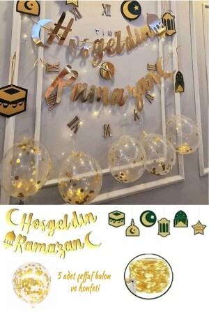 Ramadan Ornaments 6-teiliges Deckenanhänger-Ornament – ​​Willkommen Ramadan, goldener Schriftzug und LEDs und 5 transparente Luftballons – - 1