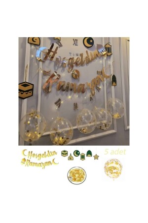 Ramadan Ornaments 6-teiliges Deckenanhänger-Ornament – ​​Willkommen Ramadan, goldener Schriftzug und LEDs und 5 transparente Luftballons – - 4