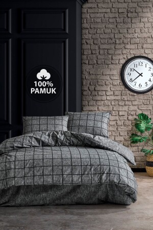 Ranforce Çift Kişilik Lastikli Çarşaflı Nevresim Takımı Kare Siyah CC1761p - 3