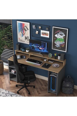 Rani Ha110 Gaming-Computertisch mit Regalen 160 cm Schreibtischkorb Walnuss – Anthrazit 2629 - 5