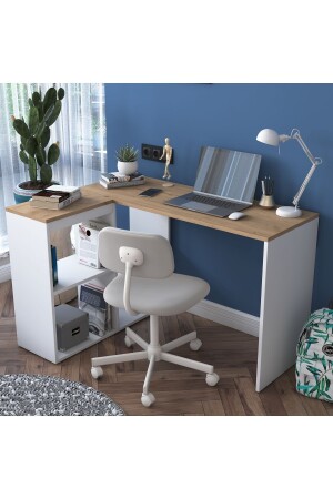 Rani Ha113 Arbeitszimmer, Büro, Computertisch mit 4 Regalen, Ecktisch, Weiß – Korb Walnuss, 120 cm, 2035 - 1