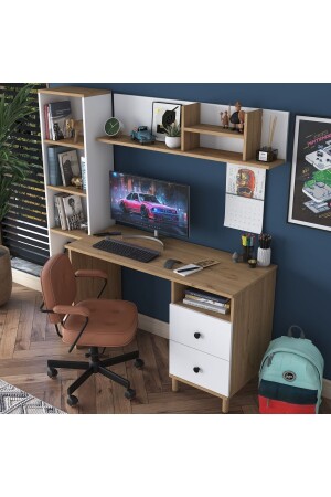 Rani Ha115 Study Office Computertisch mit Schubladen und Bücherregalkorb Walnuss – Weiß 2643 - 5
