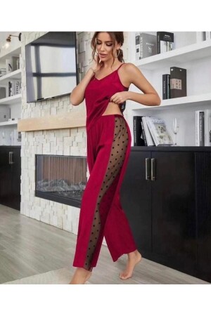 Rasa Bambu Tül Detaylı Askılı Pijama Takımı Bordo - 1