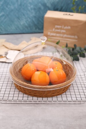 Rattan Plastik Kapaklı Rattan Ekmek Sepeti 30 cm Yuvarlak Hasır Meyve Ekmek Sepeti - Vadi