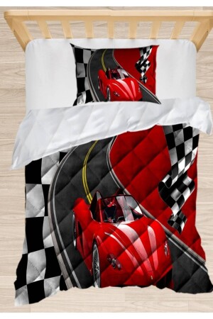 Red Race Car 3D Patterned Single Child Quilt Sleeping Set Ossococoniyor3 - 1