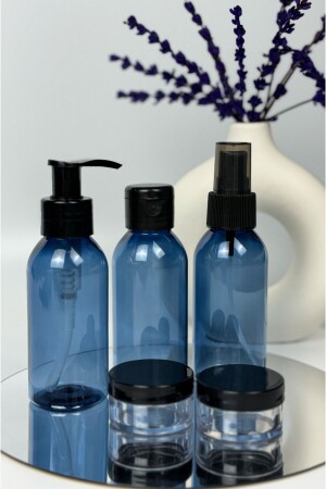 Reiseset – Kunststoff-Reisegröße, 100 ml, blaue Flasche und Glas, 5-teiliges Reiseset mit Tasche - 3