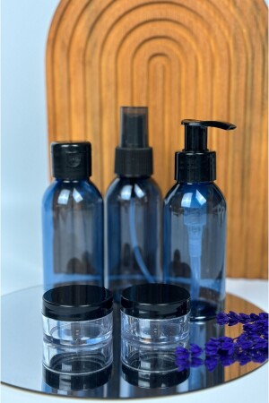 Reiseset – Kunststoff-Reisegröße, 100 ml, blaue Flasche und Glas, 5-teiliges Reiseset mit Tasche - 5