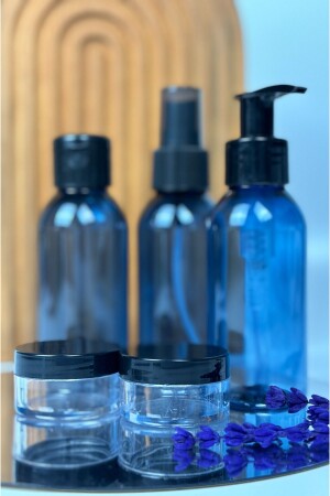 Reiseset – Kunststoff-Reisegröße, 100 ml, blaue Flasche und Glas, 5-teiliges Reiseset mit Tasche - 6