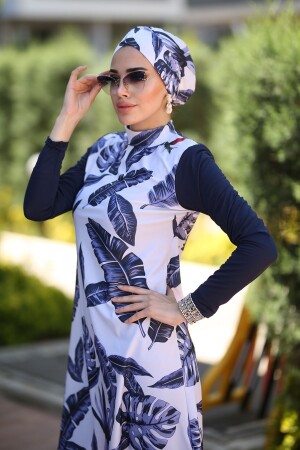 Remsa Design vollständig bedeckter Hijab-Badeanzug, blaue Blätter, Marineblau - 1