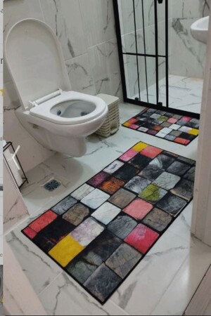 Renkli Banyo Paspası Klozet Takımı 2'li Kaymaz Tabanlı Set 1023 - 5