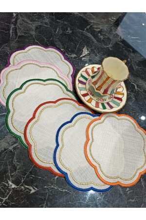 renkli- simli boncuk nakış detaylı 6 adet kokteyl peçetesi kahve yanı peçetsi sunum peçetesi - Lasetu