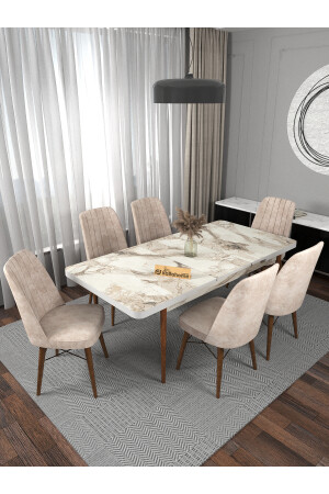 Riff Efes 80x130 Cm Açılır Yemek Masası , 6 Kişilik Masa Sandalye Takımı - Krem EFESYM002 - 1