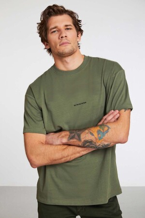 Rıver Erkek Oversize Fit Önü Nakışlı %100 Pamuklu Haki T-shirt - 1