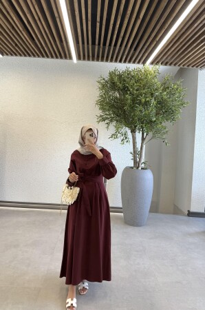 Riya Düğmeli Uzun Keten Elbise - Bordo - Duendeca