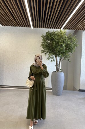 Riya Düğmeli Uzun Keten Elbise - Koyu Yeşil - Duendeca