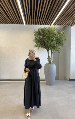 Riya Düğmeli Uzun Keten Elbise - Lacivert - Duendeca