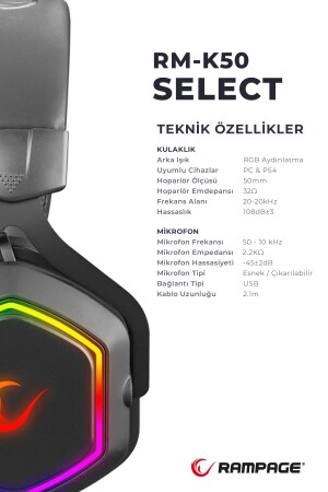 Rm-k50 Select Siyah Usb 7.1 Rgb Ledli Gaming Oyuncu Mikrofonlu Kulaklık RM-K50 - 6