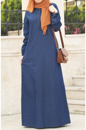 Robalı Düğmeli Tesettür Kot Elbise Lacivert 1334 - suhneva