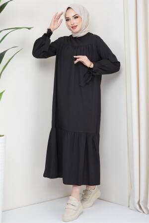 Robe-Kleid mit gebundenen Ärmeln, Schwarz - 1