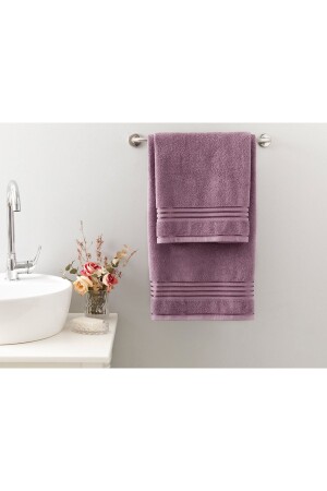 Romantic Stripe Floşlu Banyo Havlusu Takımı Mürdüm 10030912 - 1