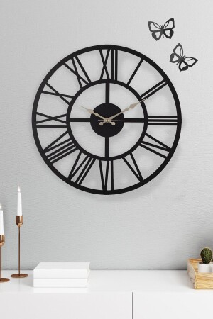 Römische Ziffern-Wanduhr aus schwarzem Metall, 50 x 50 cm, inklusive dekorativer Schmetterlinge. Wohnzimmeruhr, Home Clock Vignette Premium Schwarz 50 - 2