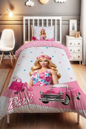 Rosa Auto-Barbi-gemustertes Einzelbettbezug-Set für Babys und Kinder - 2