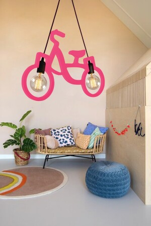 Rosa Fahrrad-Pendelleuchte aus Holz, Kronleuchter aus Holz, luxuriös, rustikal, modern, dekorativ, für Mädchenzimmer, Kronleuchter PMBBİS001 - 2