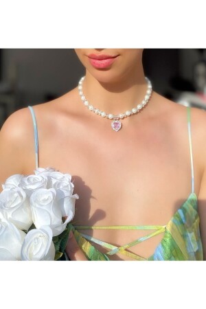 Rosa Herz-Halskette mit Perle und glänzendem Stein pinkylady156 - 1