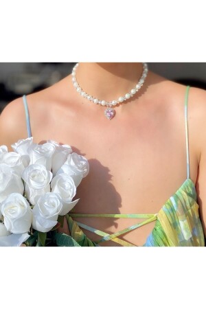 Rosa Herz-Halskette mit Perle und glänzendem Stein pinkylady156 - 5