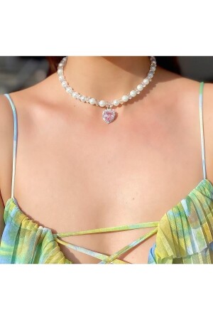 Rosa Herz-Halskette mit Perle und glänzendem Stein pinkylady156 - 6