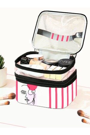 Rosa Make-up-Tasche mit zwei Fächern, transparent, Kosmetiktasche - 3