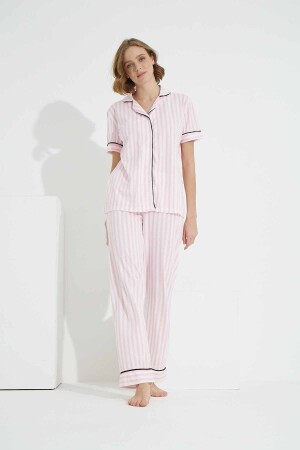 Rosa-weiß gestreiftes, geknöpftes Pyjama-Strickpyjama-Set - 2