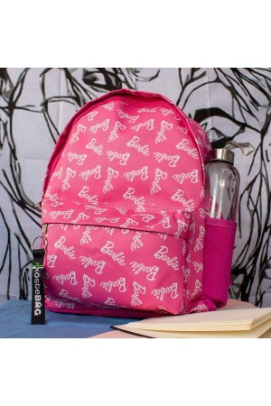 Rosafarbener Schulrucksack mit Barbie-Logo und Text-Collage und Wasserflaschenfach - 3