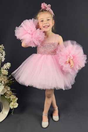 Rosafarbenes Abendkleid für Kinder im detaillierten Stil mit Paillettenärmeln ABY458 - 1
