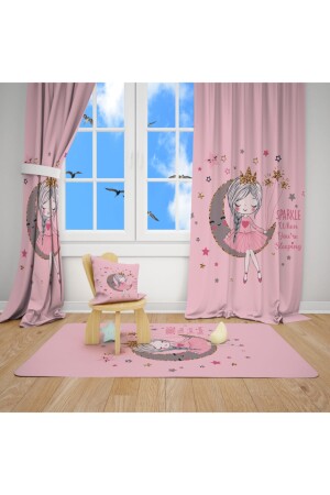 Rosafarbenes Ayda-Mädchenzimmer-Set (Hintergrundvorhang – Tagesdecke und Kissen – Teppich) EHKOMBİN103 - 3