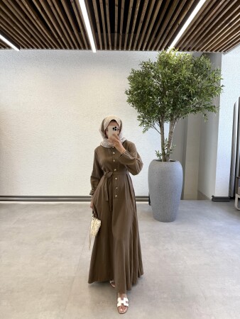 Rose Düğmeli Keten Elbise - Kahve - Duendeca