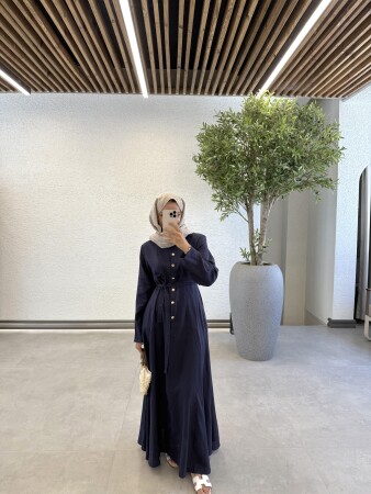 Rose Düğmeli Keten Elbise - Lacivert - Duendeca