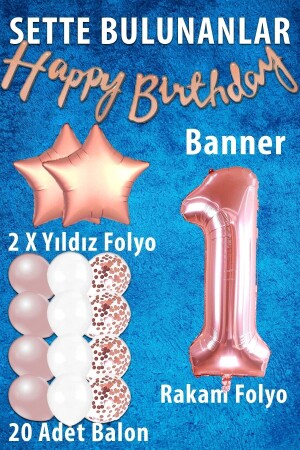 Rose Gold Konsept 1 Yaş Doğum Günü Kutlama Seti; Beyaz Gold Konfetili Balon- Rakam Yıldız Folyo Ve B - 2